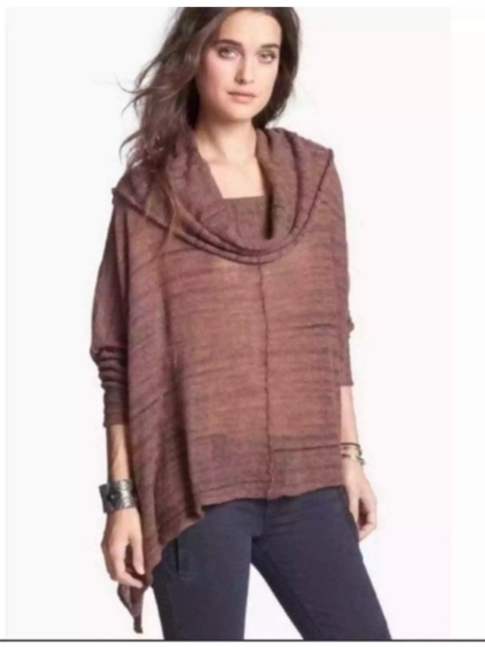 Free People Banana Split Brown/Rust Marled Cowl Neck Poncho Sweater
